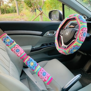 Funda de volante para mujer, funda de cinturón de seguridad de crochet con linda flor de arcoíris, accesorios decorativos para coche