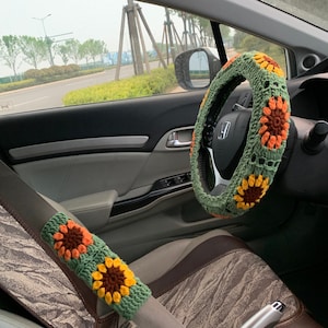 Cubierta del volante para las mujeres, cubierta del cinturón de seguridad de la flor de la margarita linda del ganchillo, decoraciones de los accesorios del interior del coche kawaii