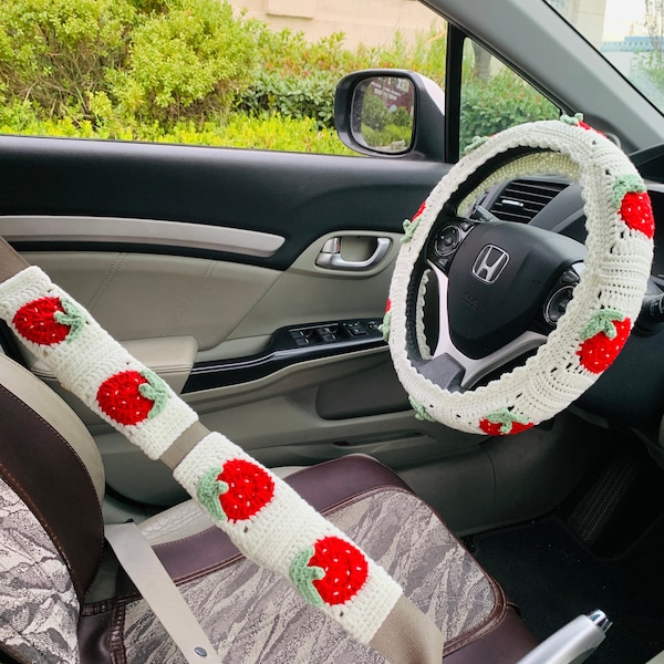 Steering Wheel Cover for women, Crochet cute Strawberry flower seat belt Cover, Car Accessories decorations