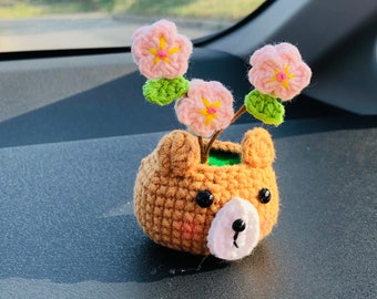 Handmade crochet Cute bear Plum blossom Car Accessories car Dashboard Decor Car interior products for girl