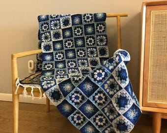 Handmade Blue Granny Square Crochet Blanket, Vintage Style Crochet Throw, Cozy Sofa and Bed Blanket, Unique Gift
