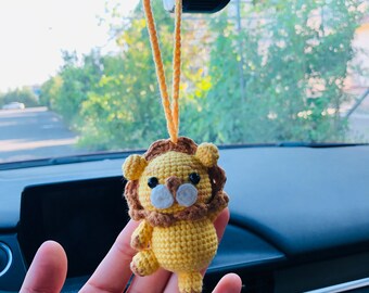 Cute animal Car Mirror Hanging Interior Rear View Mirror Flower Lion Car Accessories Crochet Toy for Women