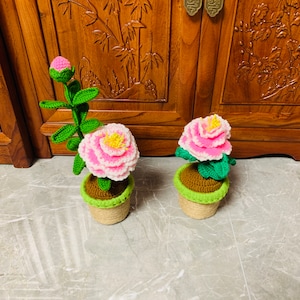 手作りかぎ針編みの牡丹の花の鉢植えの装飾品工芸品手工芸品家の装飾アミグルミ彼女への贈り物