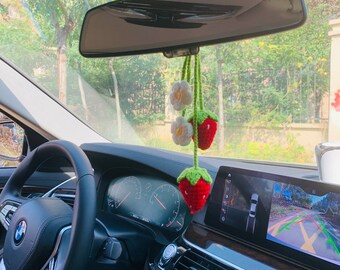 2 Pcs cute Strawberry Car Mirror Hanging Flower Decor Teens Interior Rear View Mirror Accessories for Women Charm Fruit