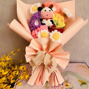 かぎ針編みの花、カーネーション、デイジー、牛、かわいい花束、記念日の花束、彼女へのプレゼント、編み物の花飾り