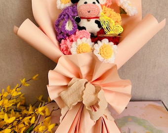 Crochet flowers, Carnation Daisy Cow, cute A bunch of flower Anniversary bouquet Gift for her Knitted flower ornaments