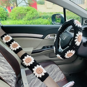 Funda de volante de crochet para mujer, funda de cinturón de seguridad hecha a mano con linda flor de margarita, accesorios decorativos para el interior del automóvil