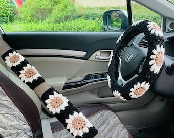 Crochet Steering Wheel Cover for women, handmade cute daisy flower seat belt Cover, Car interior Accessories decorations