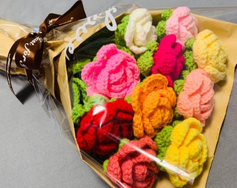 Crochet flowers Rose flower ornaments, Handmade knitted Flower Bouquet A bunch of flower Anniversary Home Decor Valentine's Gift for her