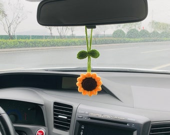 Crochet sunflower Car Mirror Hanging Accessories for Women Teens Interior Rear View Mirror Flower Charm Decor
