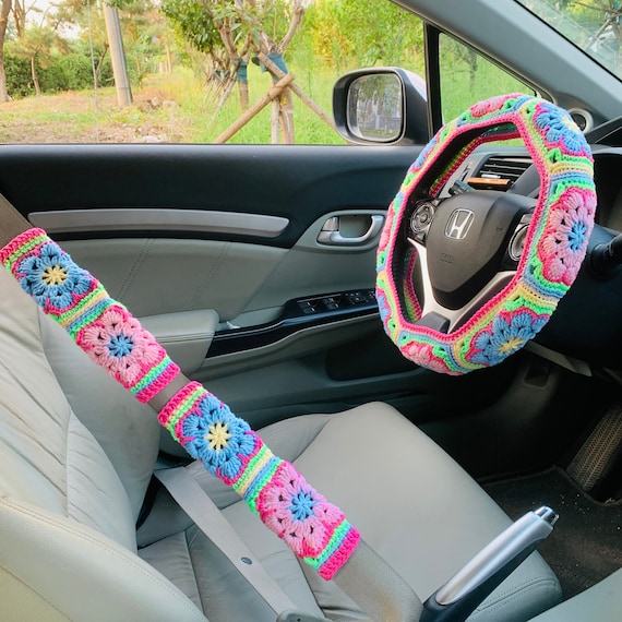 Steering Wheel Cover for women, Crochet cute rainbow flower seat belt Cover, Car Accessories decorations