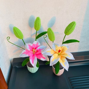 手作りかぎ針編みのユリの花、かわいい植物、鉢植えの装飾品、工芸品、花、あみぐるみ、家の装飾、彼女への新築祝いの贈り物
