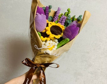 Handmade Crochet flowers, 26 stems A bunch of flower Anniversary bouquet sunflower Lavender daisy  Eucalyptus tulips ornaments Gift for her