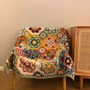 Manta Boswa de ganchillo, colcha cuadrada de abuela hecha a mano, manta de sofá de punto, manta de ganchillo grande, manta vintage, manta retro