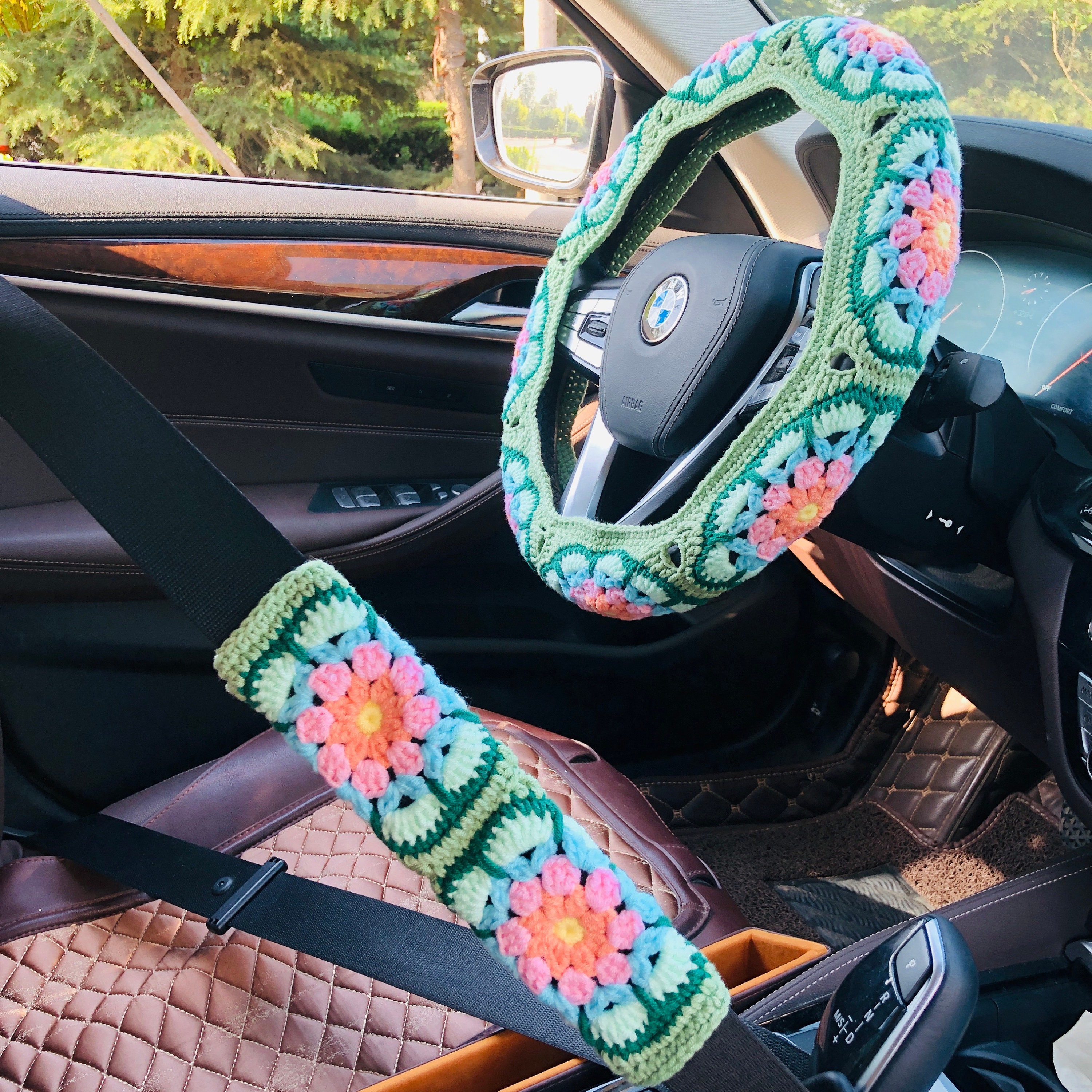 Lenkradbezug für Frauen, Grüne Galsang Blume Vantage Blume Gehäkelter süßer Sicherheitsgurtbezug, Autozubehör Dekoration