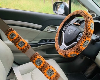 Steering Wheel Cover for women, Crochet flower seat belt Cover, Car Accessories decorations