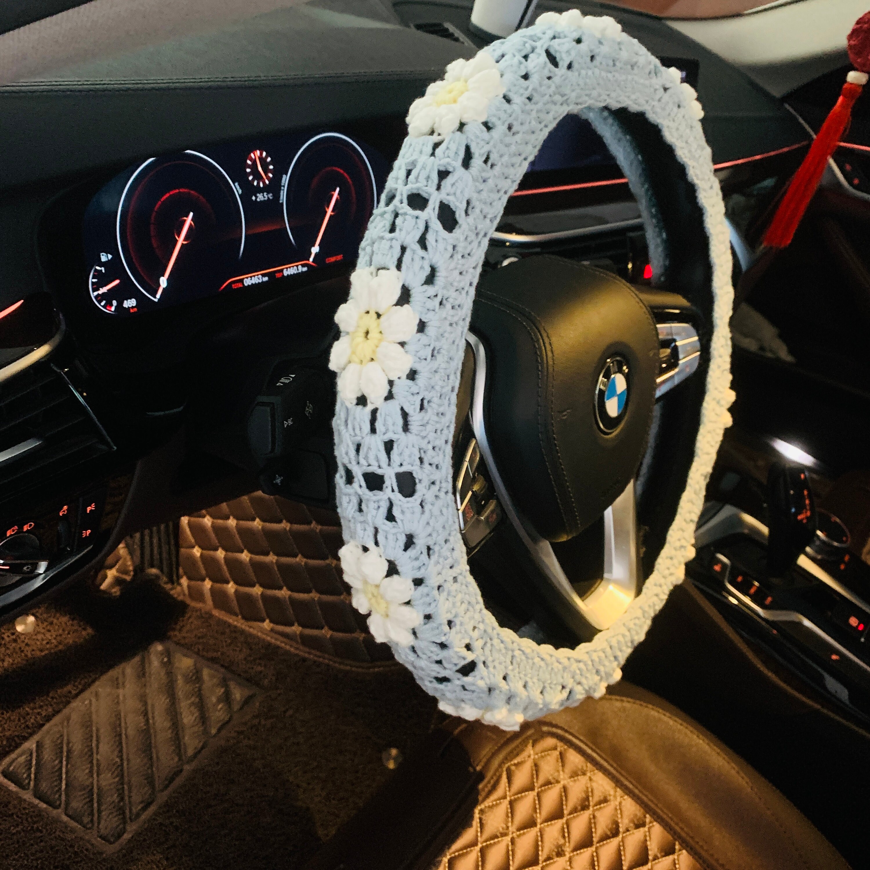 Lenkradhülle für Damen, Gehäkelte Daisy Blumen Sicherheitsgurthülle, AutoZubehör Dekoration