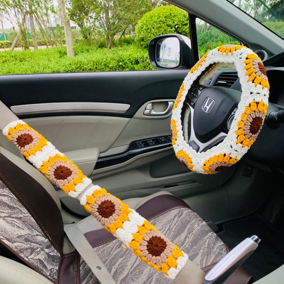 Crochet Daisy Car Steering Wheel Covers Light Yellow Universal 14-15 inch