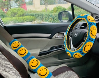 Handmade crochet smiley face Steering Wheel Cover for women, cute daisy flower seat belt Cover, Car interior Accessories decorations