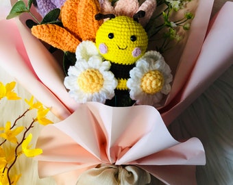 Crochet flowers, honeybee tulip flower ornaments, cute A bunch of flower Anniversary bouquet Gift for her flower ornaments