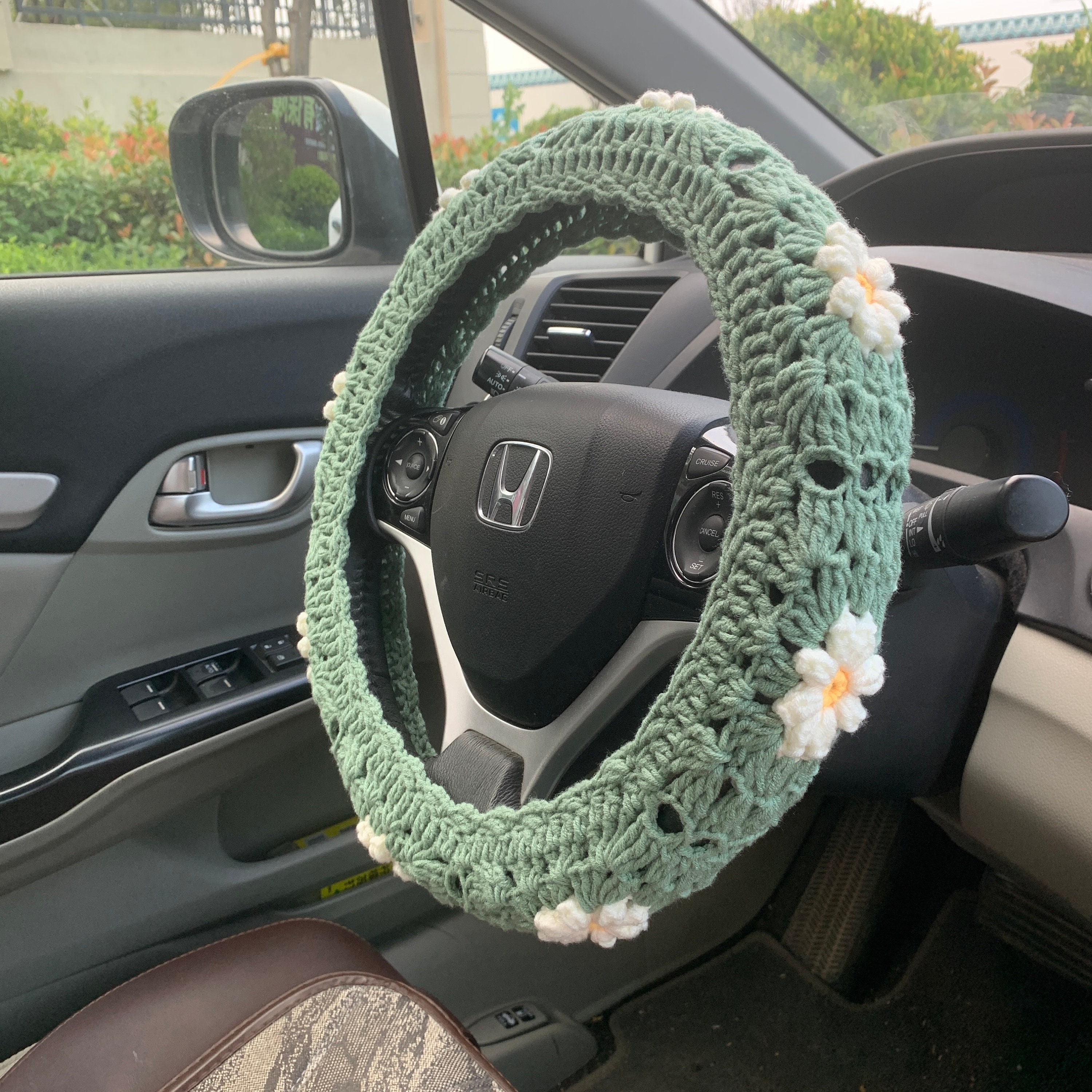 Handgemachte gehäkelte Lenkradhülle für Frauen, süße Daisy Blumen Sicherheitsgurthülle, Auto Interieur Accessoires Dekoration
