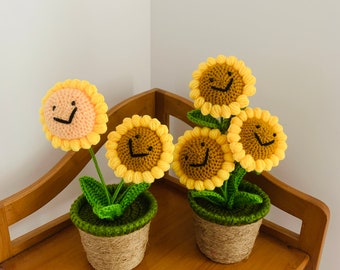 Hand crochet cute sunflower smiley face pink lily of the valley potted ornaments artifact handicraft home decor Amigurumi gifts for her