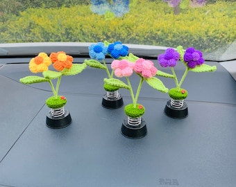 Handgemaakt gehaakt schattige smileybloem auto-accessoires, zonnebloem auto dashboarddecor voor dames