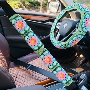 Funda de volante para mujer, funda de cinturón de seguridad linda de crochet con flores de Galsang verde, accesorios decorativos para automóvil
