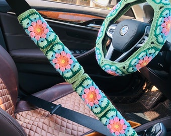 Steering Wheel Cover for women, Green Galsang flower vantage Flower Crochet cute seat belt Cover, Car Accessories decorations