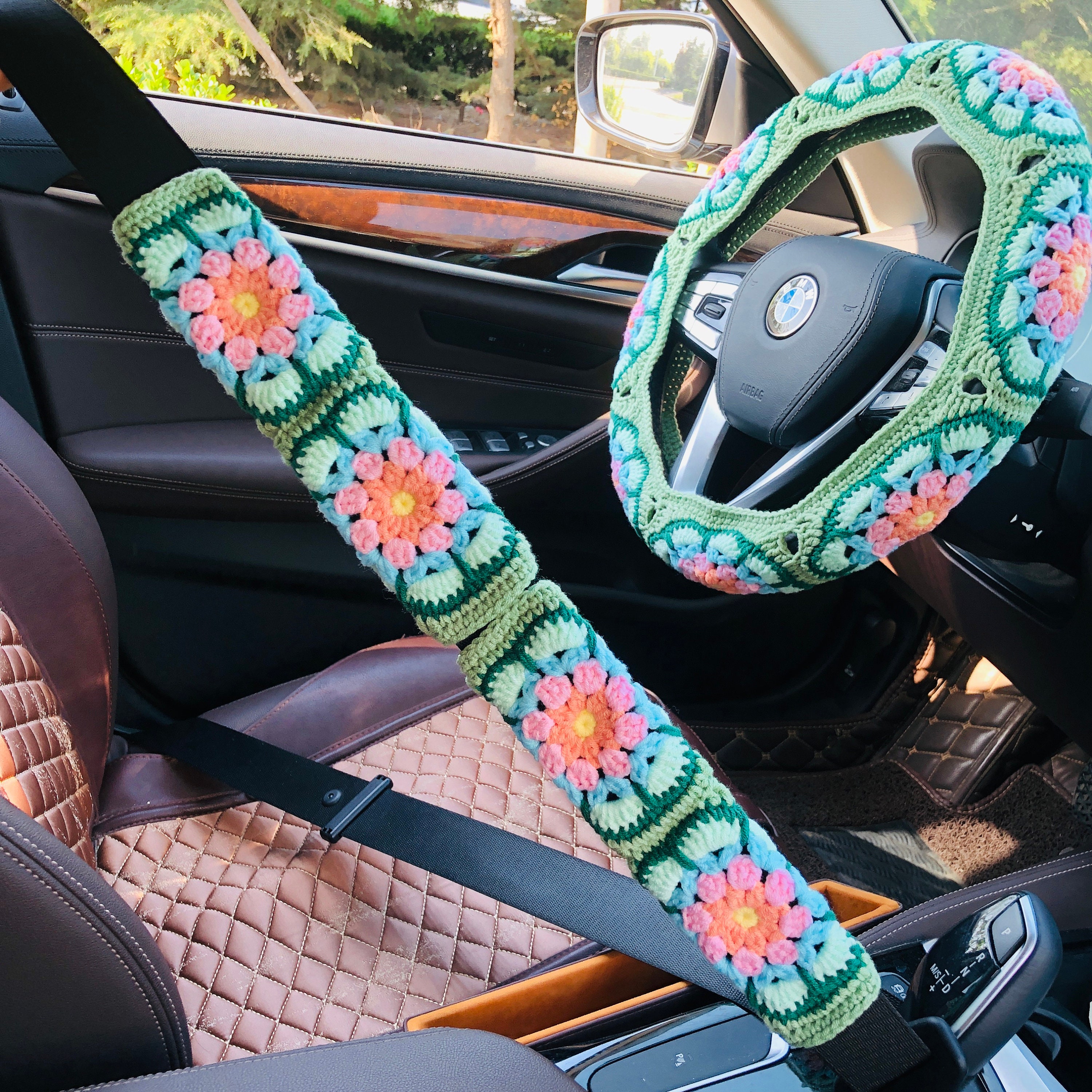 Lenkradbezug für Frauen, Grüne Galsang Blume Vantage Blume Gehäkelter süßer Sicherheitsgurtbezug, Autozubehör Dekoration
