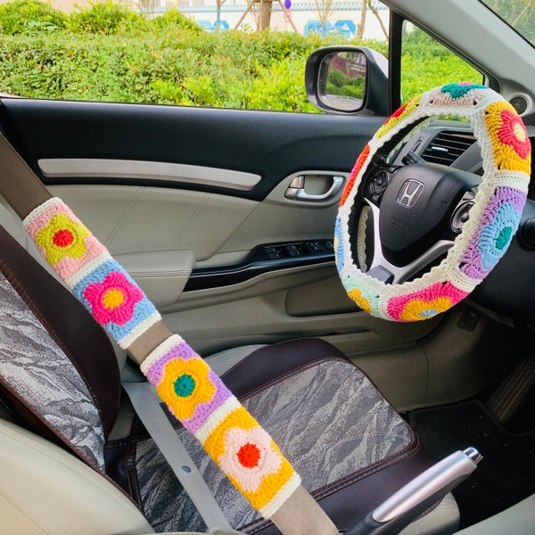 Handmade crochet Steering Wheel Cover for women, cute colorful flower seat belt Cover, Car interior Accessories decorations