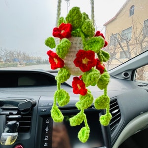 Lindo espejo de coche colgante bracketplant chlorphytum comosum con flor roja interior espejo retrovisor flor accesorios de coche regalo de ganchillo