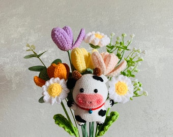 Crochet flowers, Cow Tulip Daisy flower ornaments, cute A bunch of flower Anniversary bouquet Gift for her