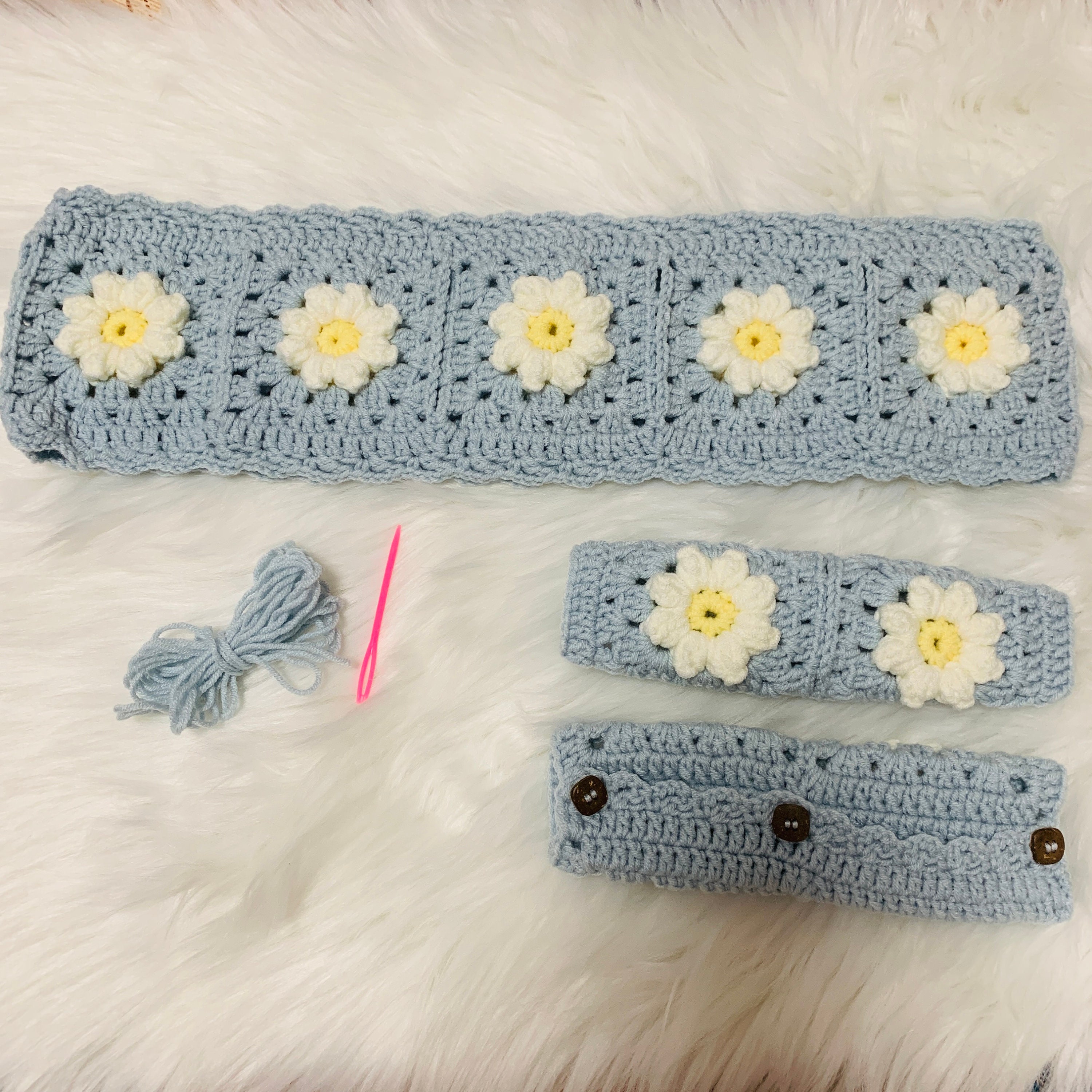 Lenkradhülle für Damen, Gehäkelte Daisy Blumen Sicherheitsgurthülle, AutoZubehör Dekoration