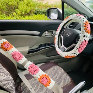 Cubierta del volante para las mujeres, cubierta del cinturón de seguridad de la flor linda del ganchillo, decoraciones de accesorios del coche