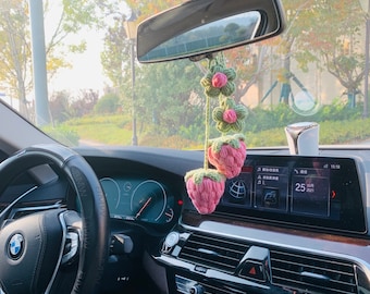 Cute Strawberry kawaii Flower Car Mirror Hanging Charm Fruit Decor Teens Interior Rear View Mirror car Accessories for Women