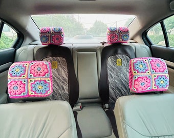 Headrest Covers, Steering Wheel Cover, Crochet colorful Galsang flower Car Seat Headrest Covers ,Seatbelt cover For Women