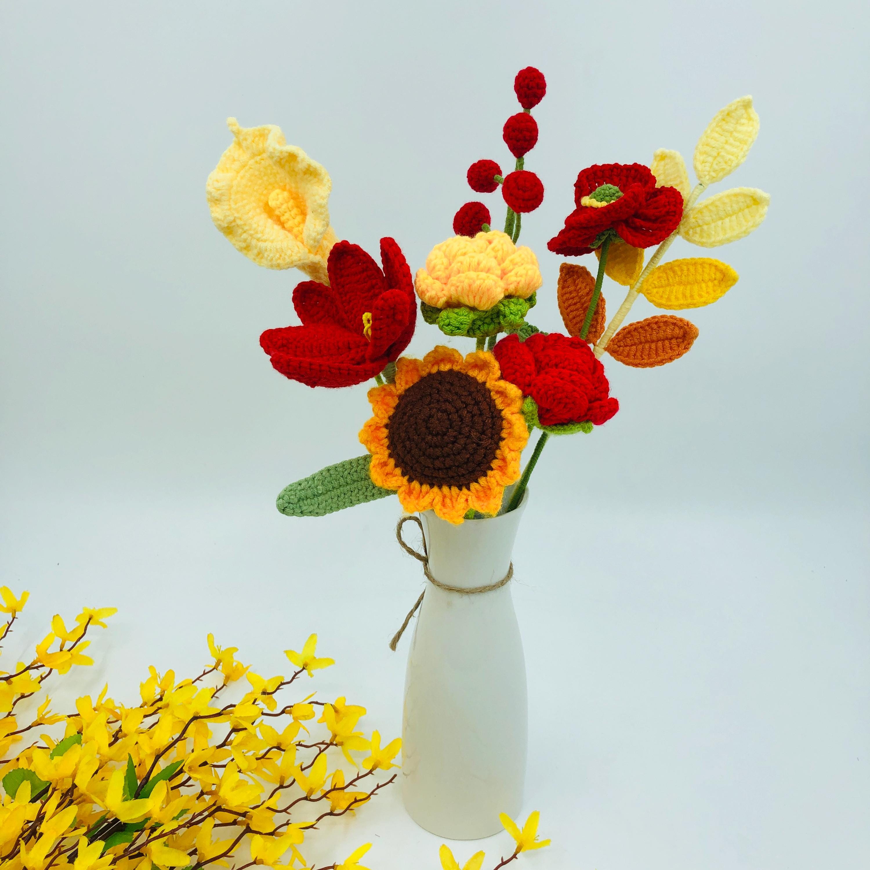 Gehaakte bloemen, zonnebloemroos Calla lelieornamenten, schattig Een bos bloemen Jubileumboeket Cadeau voor haar bloemornamenten (geen vaas)