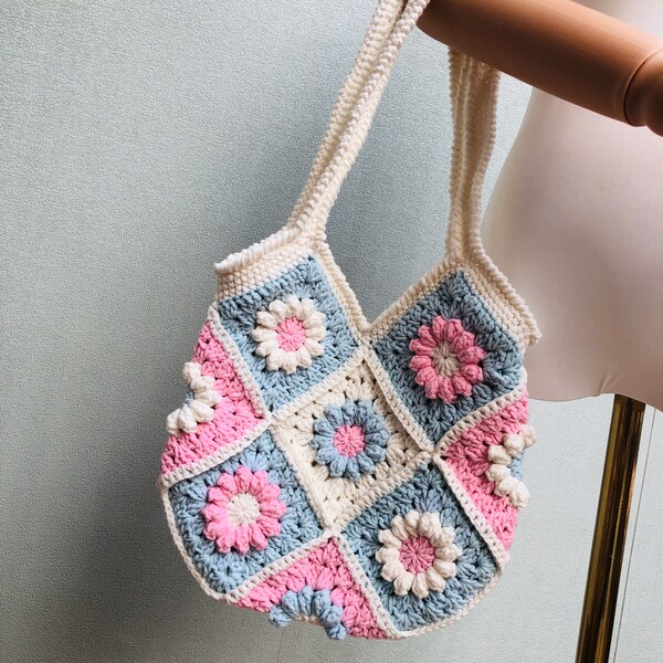 Crochet Bag,Purse Handbag, cute puff flower knitting Vintage Bags messenger bag shoulder bag Hollowed out handbag