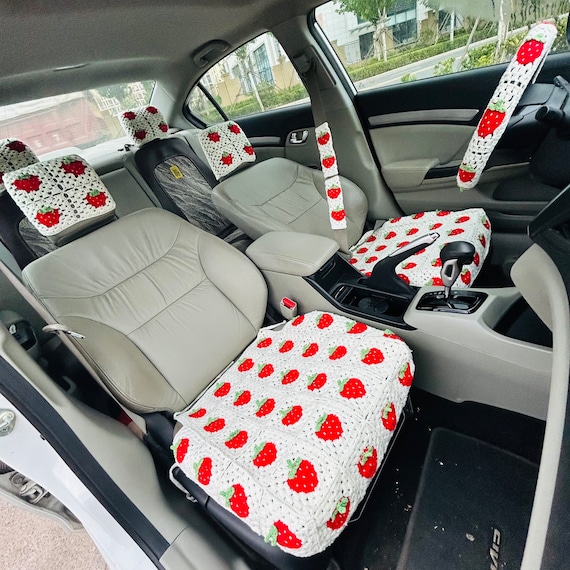 Crochet Car Decoration Set Crochet Strawberry Steering Wheel Cover Seat Belt Cover Headrest Covers Crochet Seats Cover for Cars Etsy
