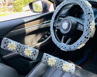 Handmade Puff Steering Wheel Cover Car interior Crochet seat belt Cover, crochet Car Accessories decorations for women