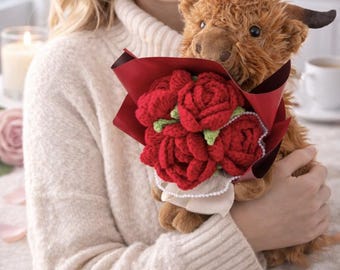 Crochet Highland Cow with Rose Bouquet, Handmade Amigurumi Cow Flower Gift, Cute Knitted Bouquet, Valentines Gift