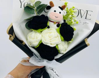 Crochet Rose Black White Cow Banquet, handmade Flower for Mother, Friend Thanksgiving Wedding  Bridal Flowers, Graduation Fake Flower