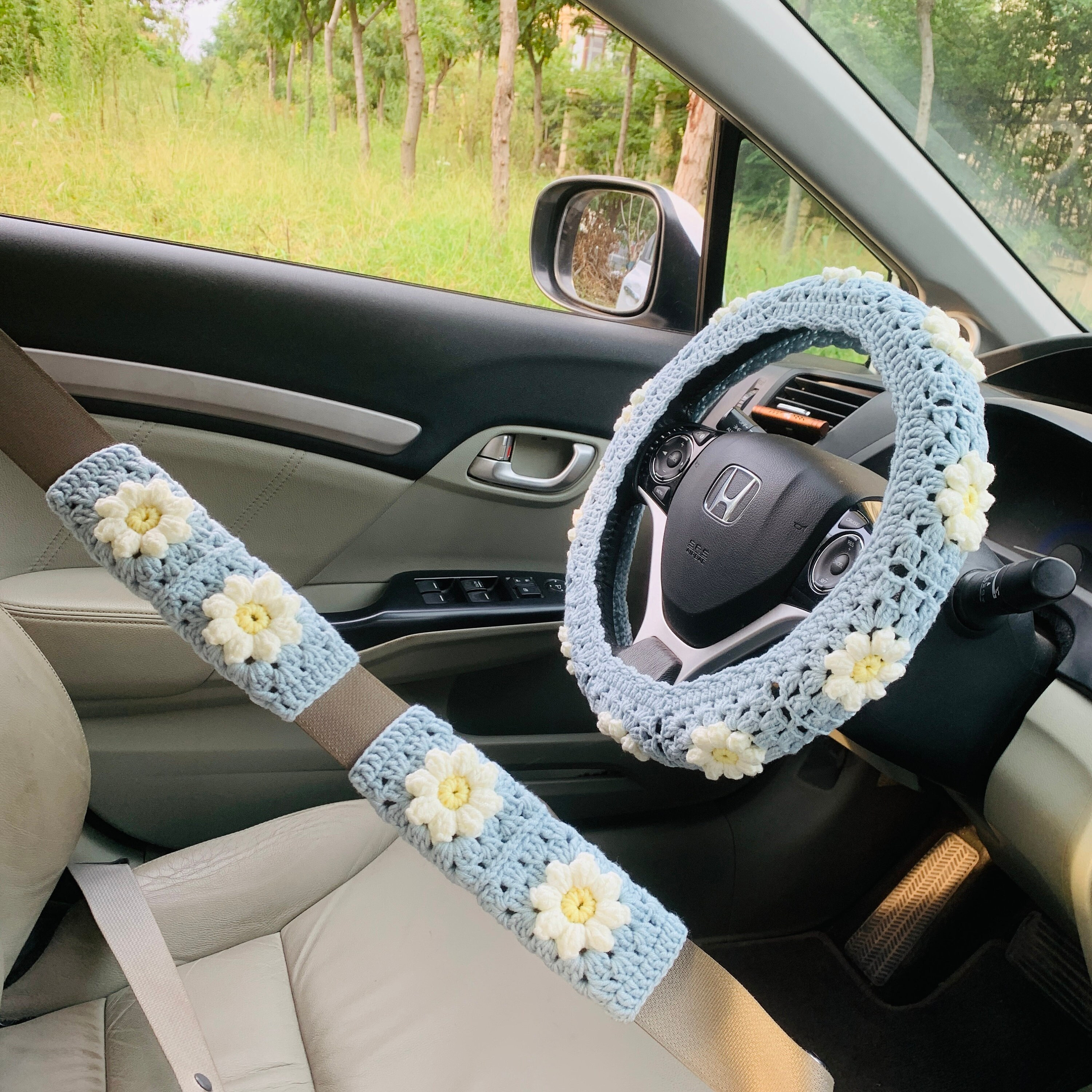 Lenkradhülle für Damen, Gehäkelte Daisy Blumen Sicherheitsgurthülle, AutoZubehör Dekoration