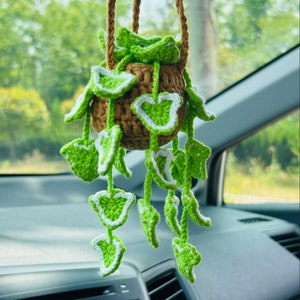 Handmade crochet Car Mirror Hanging bracketplant chlorophytum comosum Interior Rear View Mirror Car Accessories  flower gift for car