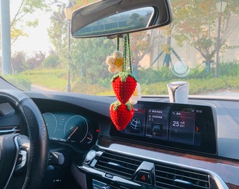 2 Pcs Strawberry Cute Flower Car Accessories Decor Teens Interior Rear View  Mirror Hanging Charm Fruit Decoration for Women Gift for Her 