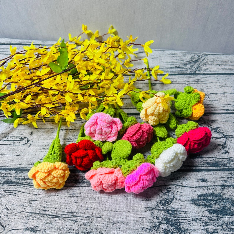 Crochet flowers Rose flower ornaments, Handmade knitted Flower Bouquet A bunch of flower Anniversary Home Decor Valentine's Gift for her image 5
