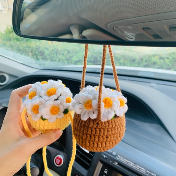 Miroir de voiture au crochet fait à la main Kawaii, plantes de