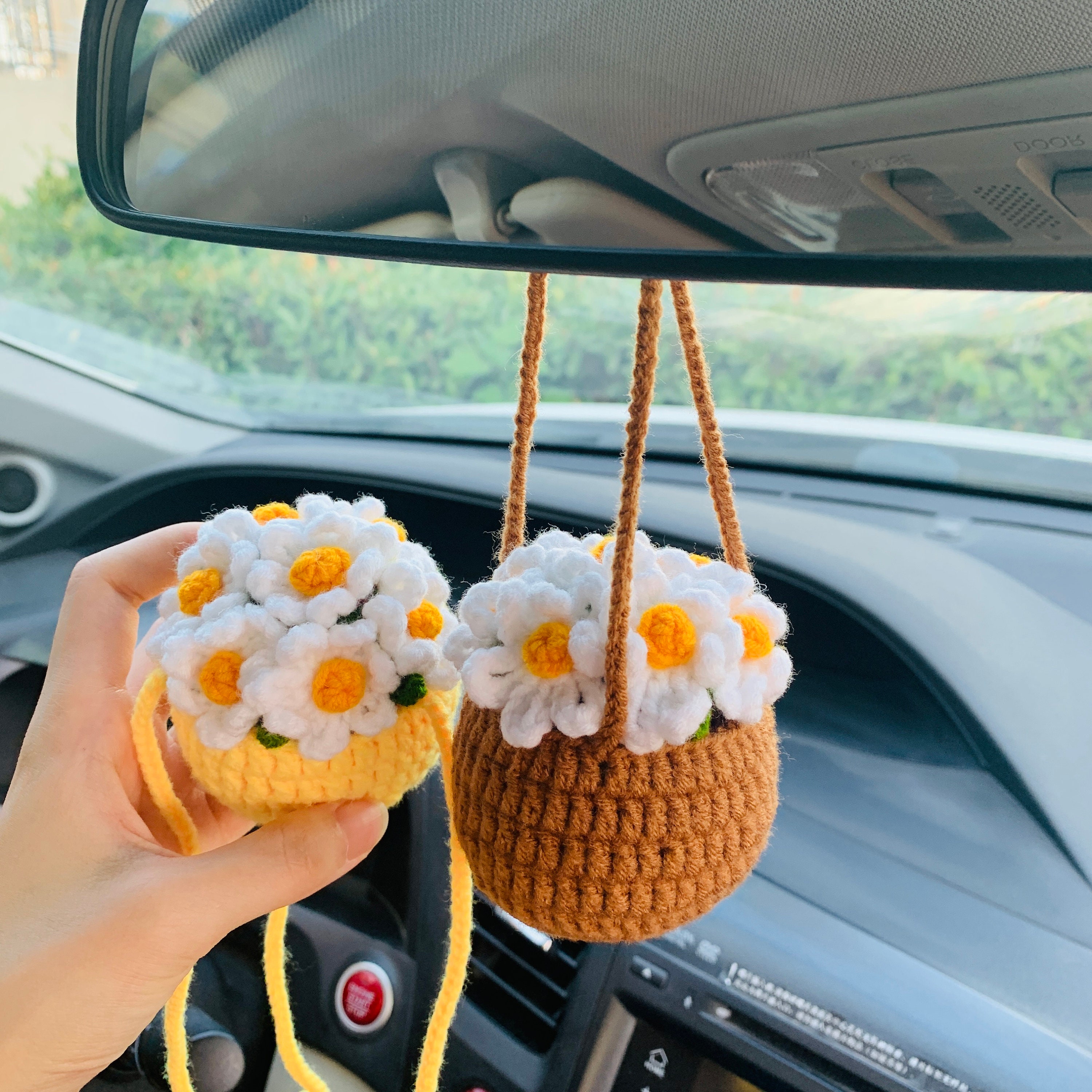 2pcs Waffle Flower Car Mirror Hanging Accessories, Crochet Rainbow Flower  Car Rear View Mirror Accessories, Car Interior Accessory for Women -   Norway