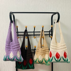 Häkeltasche,Geldbeutel Handtasche, süße Tulpe Stricken Vintage Schultertasche aushöhlte Handtasche